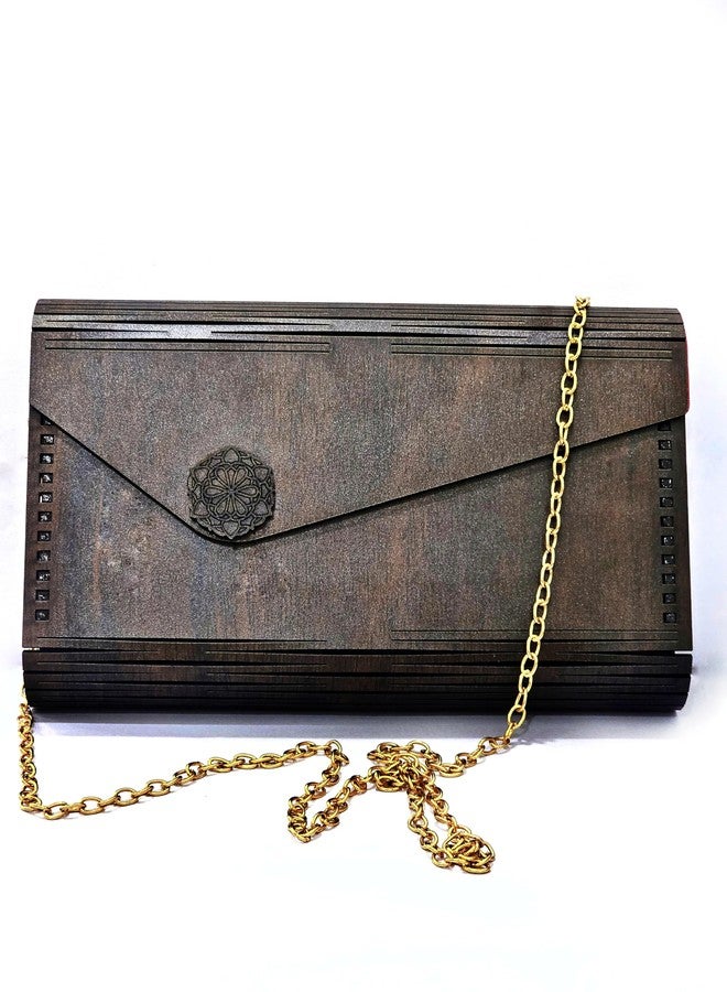 Voxmtix Elegant Evening Clutch Purse, Brown Wood Pattern, Gold Chain Strap, Floral Medallion - Image 2